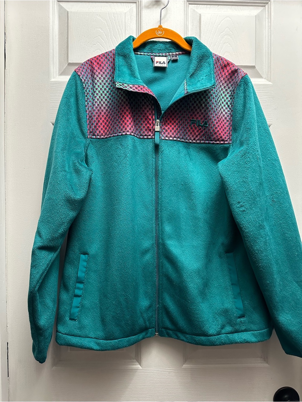 FILA Teal Fleece Jacket with Pink Patterned Yoke